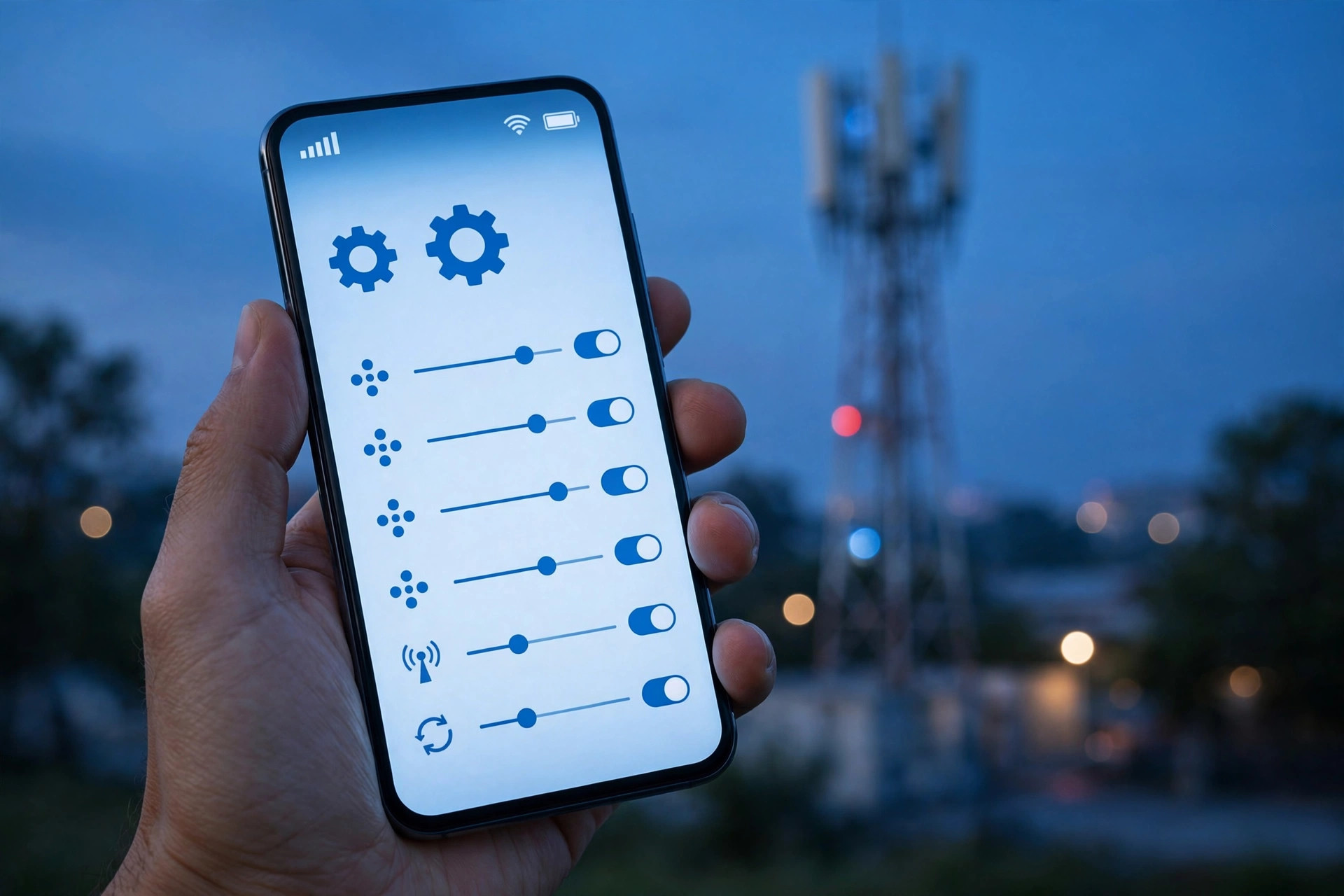 Hand holding a smartphone showing mobile network settings with a cell tower in the background at dusk