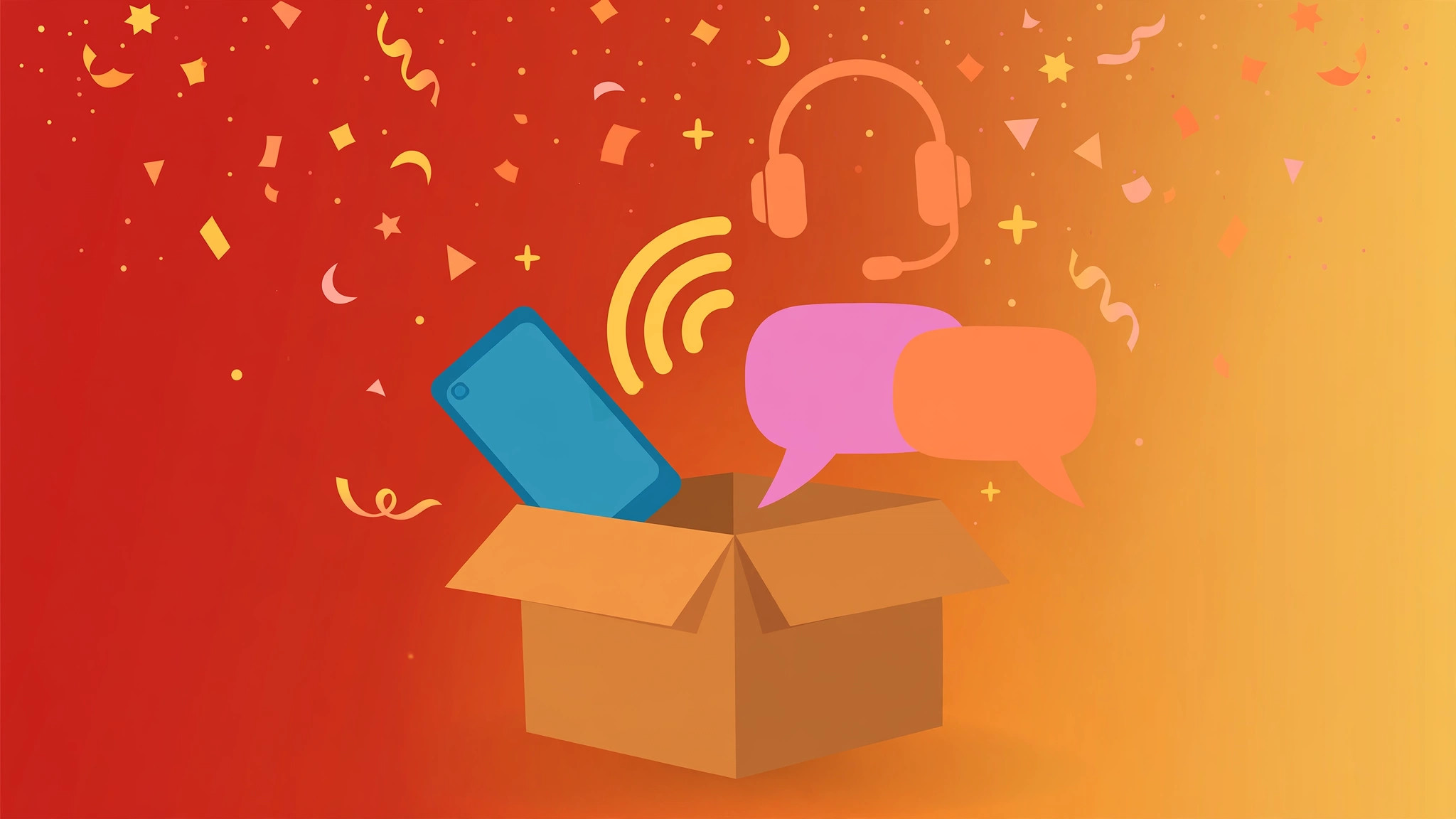 Illustration of an open gift box overflowing with smartphone, data signal, headset and message icons