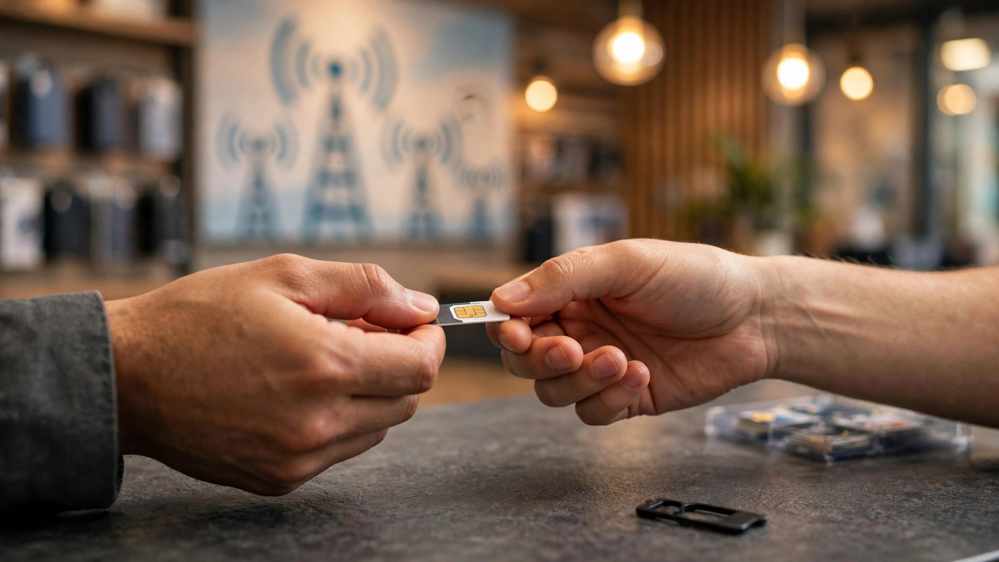 Two hands exchanging a SIM card at a generic telecom store counter