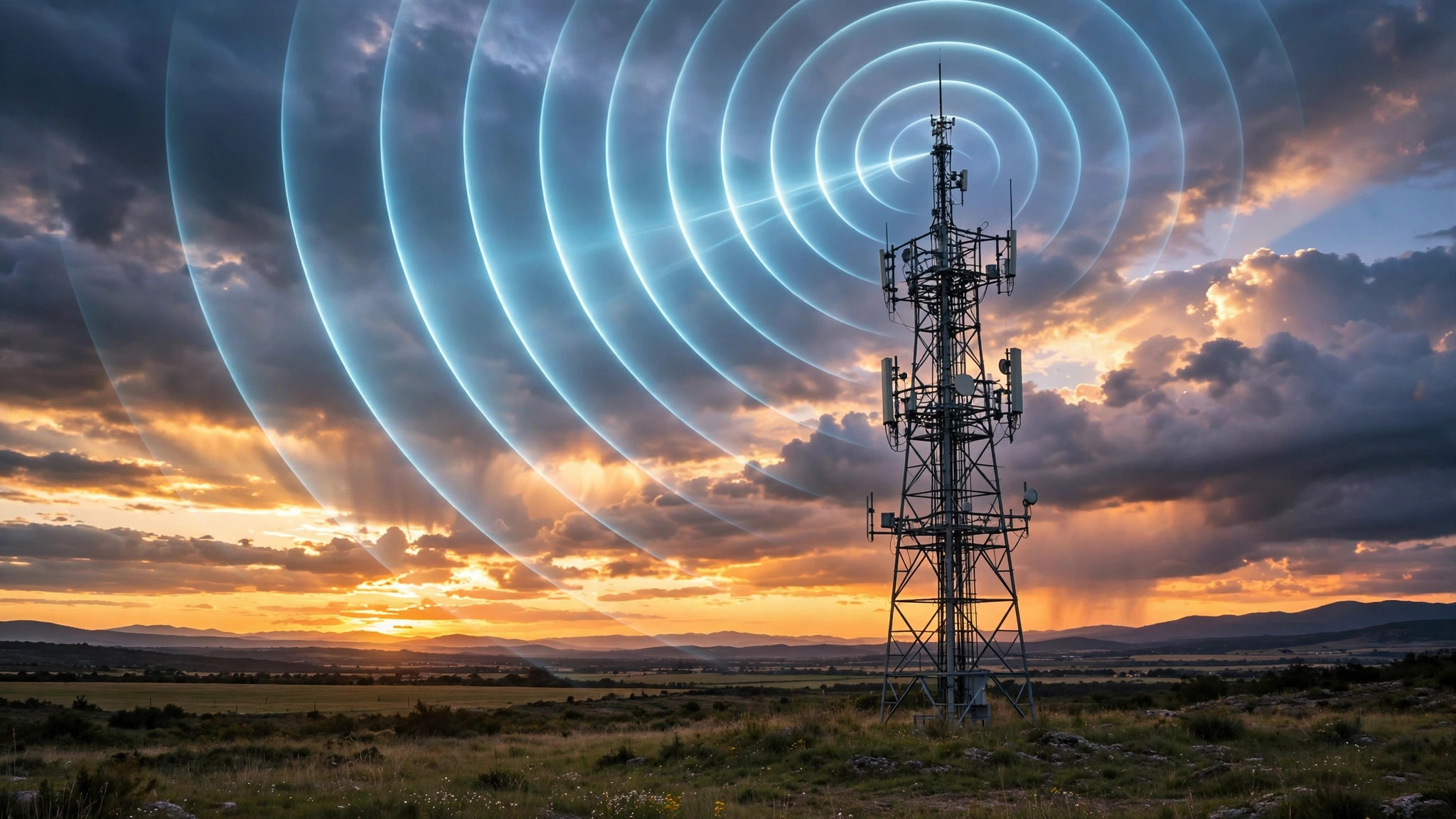 Mobile network tower broadcasting signal waves against a sunset sky, illustrating Telenor 4G internet packages
