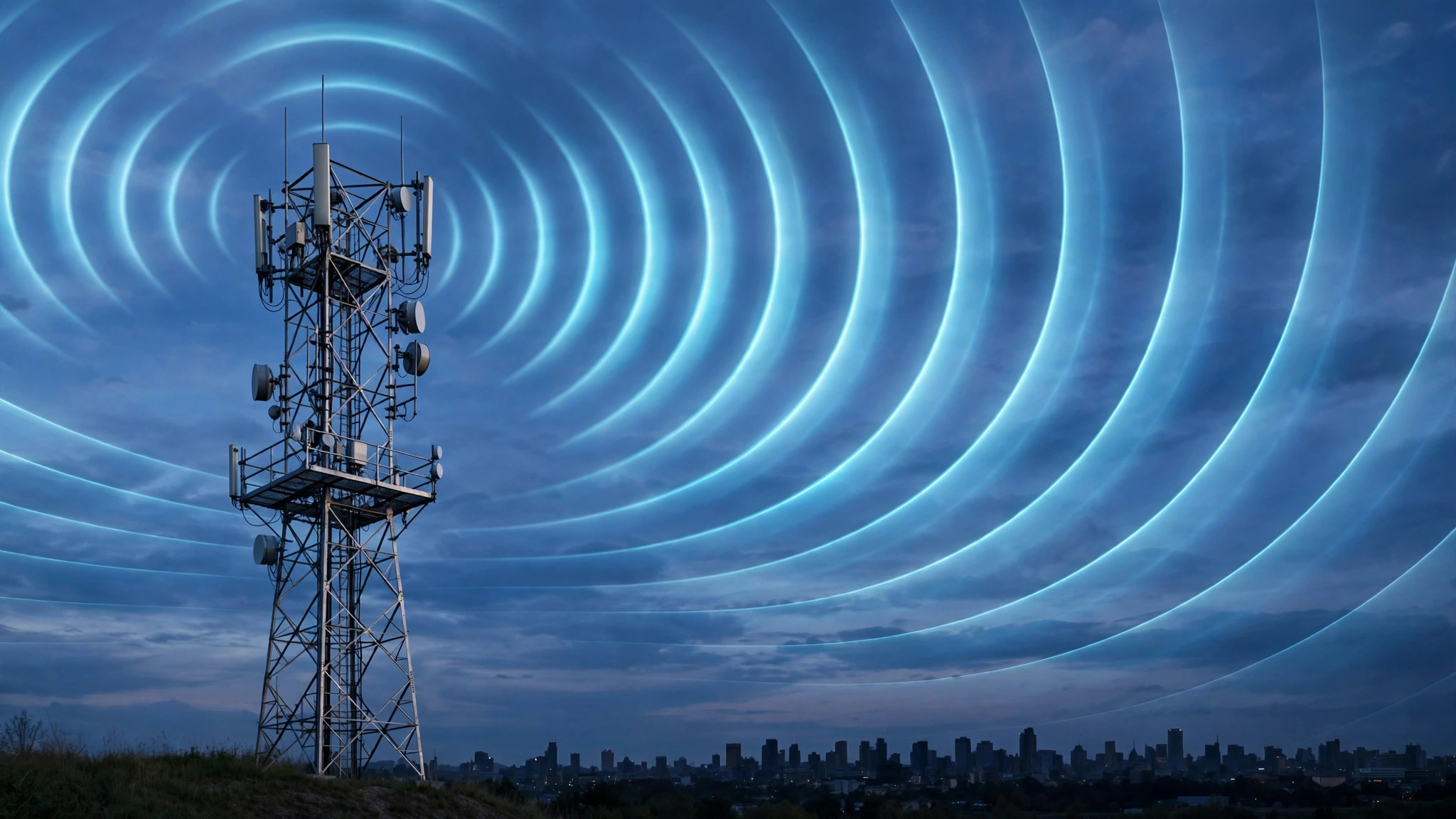 4G mobile tower broadcasting signal waves over a city skyline at dusk, illustrating Zong internet packages